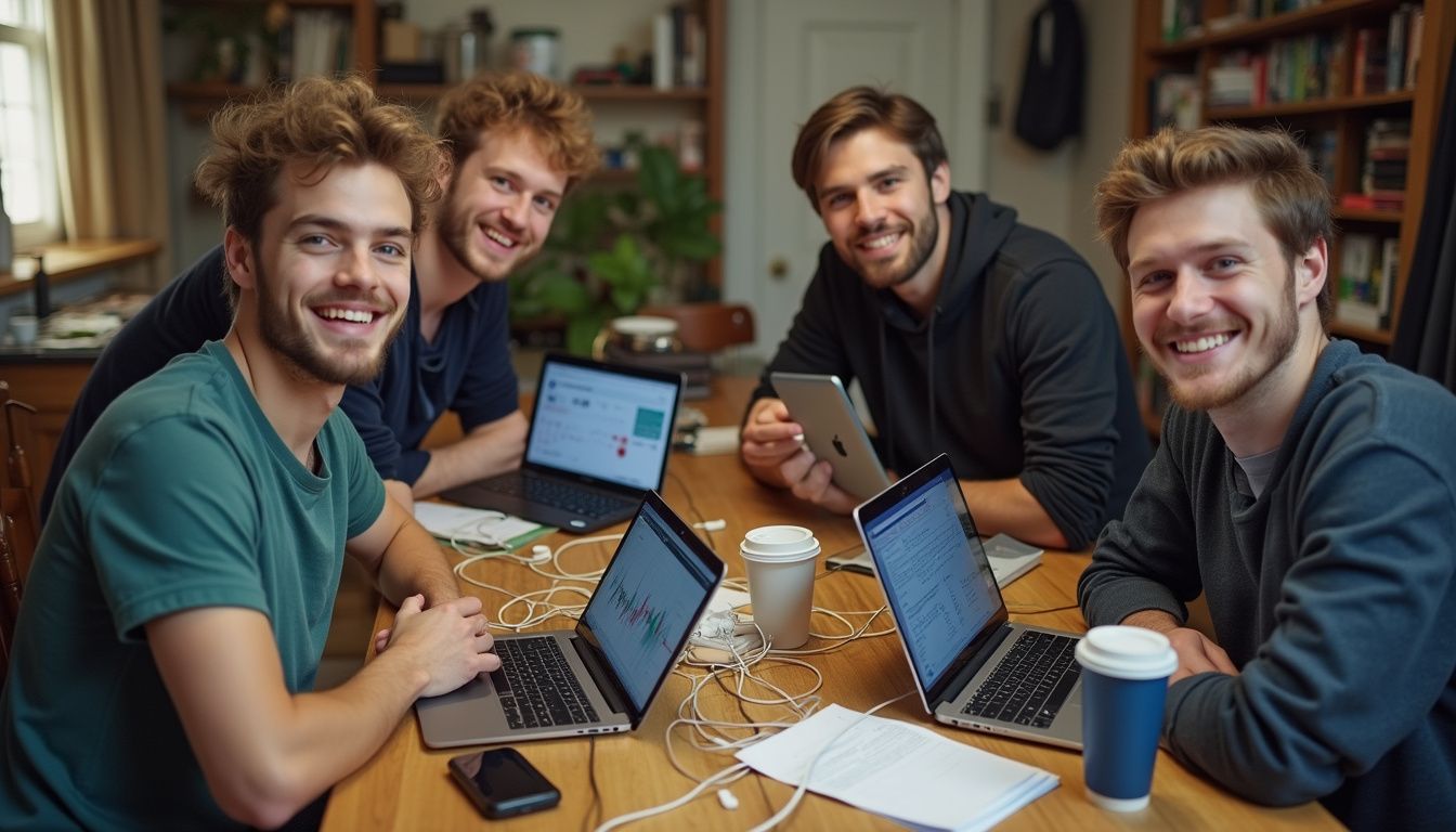 Four friends in casual attire gather around a cluttered table, focused on laptops and tablets during a laid-back hangout. Four friends in casual attire gather around a cluttered table, focused on laptops and tablets during a laid-back hangout.