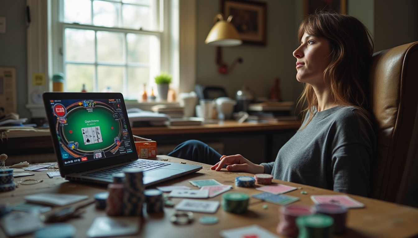 A person casually enjoys a digital poker game amid a cluttered, lived-in room filled with cards and chips. A person casually enjoys a digital poker game amid a cluttered, lived-in room filled with cards and chips.