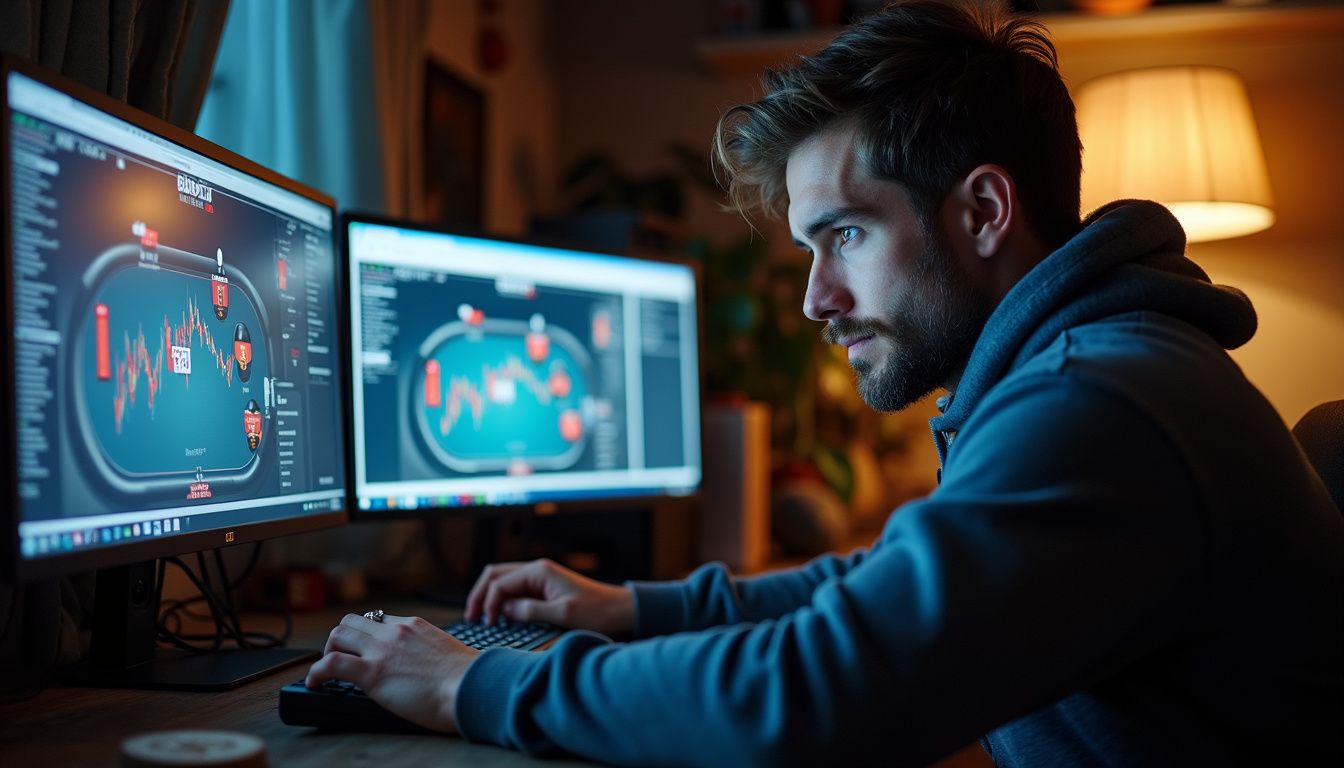 A man in his 30s sits at a cluttered desk, focused on multiple computer screens displaying online poker. A man in his 30s sits at a cluttered desk, focused on multiple computer screens displaying online poker.