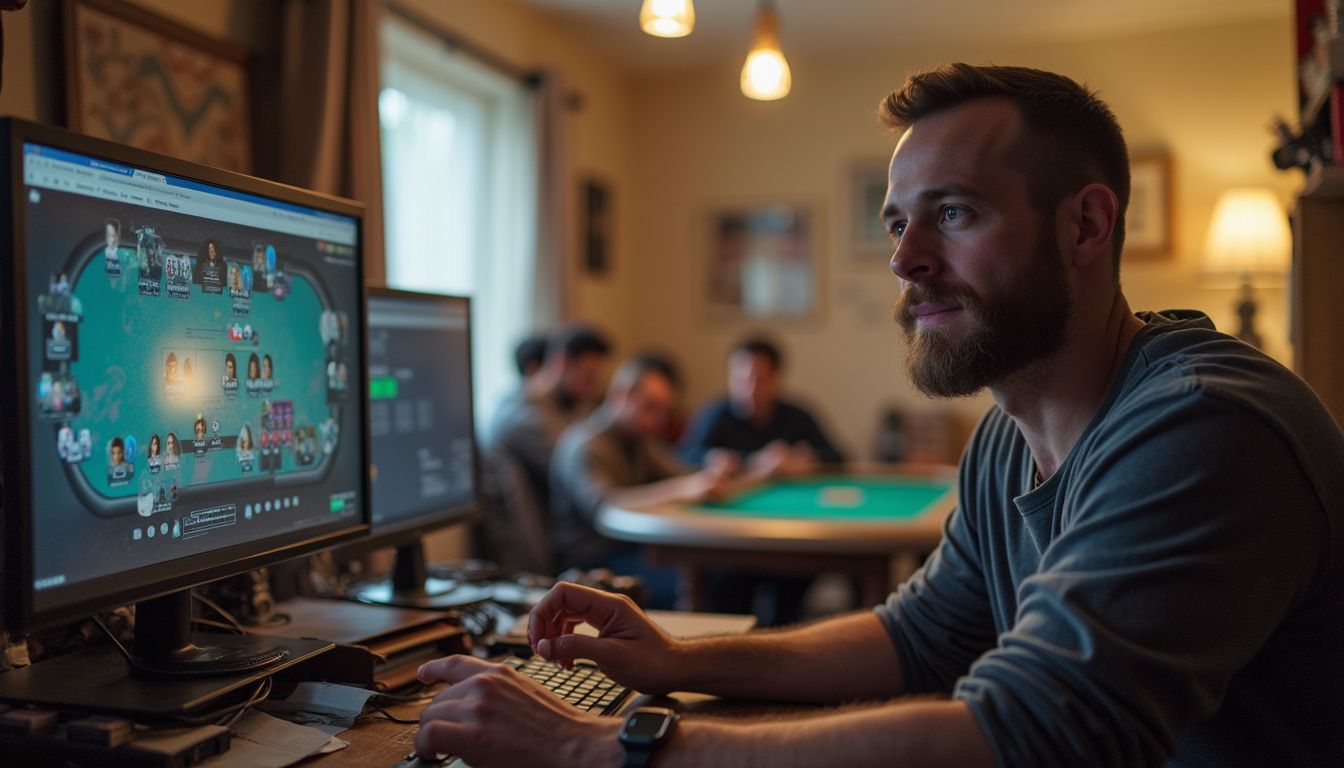 A man relaxes at a cluttered desk while friends play poker nearby in a casual home setting. A man relaxes at a cluttered desk while friends play poker nearby in a casual home setting.