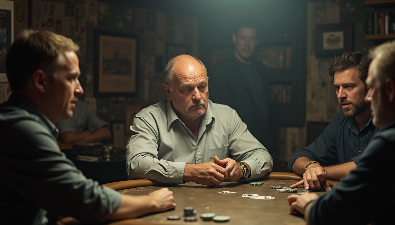 A focused man fiddles with poker chips at a cluttered table, surrounded by casual conversation and fellow players. A focused man fiddles with poker chips at a cluttered table, surrounded by casual conversation and fellow players.