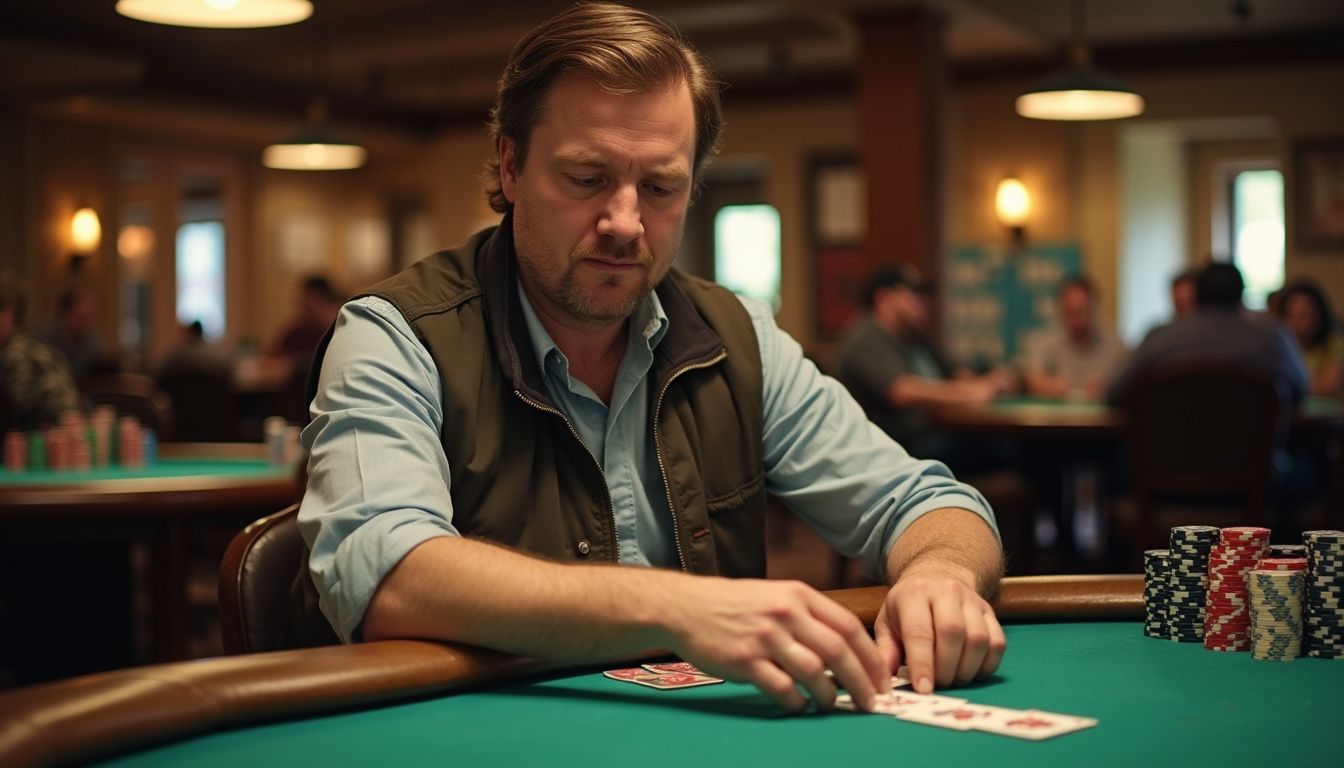 A casually dressed man in his mid-30s studies his cards at a cluttered poker table in a casino. A casually dressed man in his mid-30s studies his cards at a cluttered poker table in a casino.