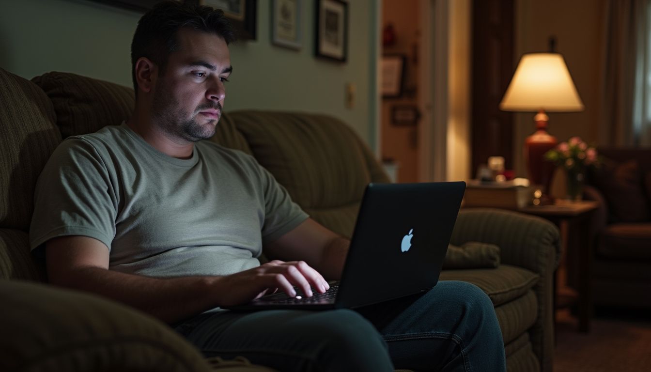A relaxed man in his mid-30s plays online poker on his laptop while sitting on a worn couch. A relaxed man in his mid-30s plays online poker on his laptop while sitting on a worn couch.