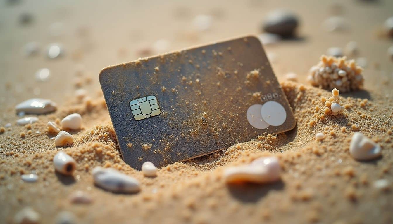 A scuffed prepaid card half-buried in beach sand beside small shells. A scuffed prepaid card half-buried in beach sand beside small shells.