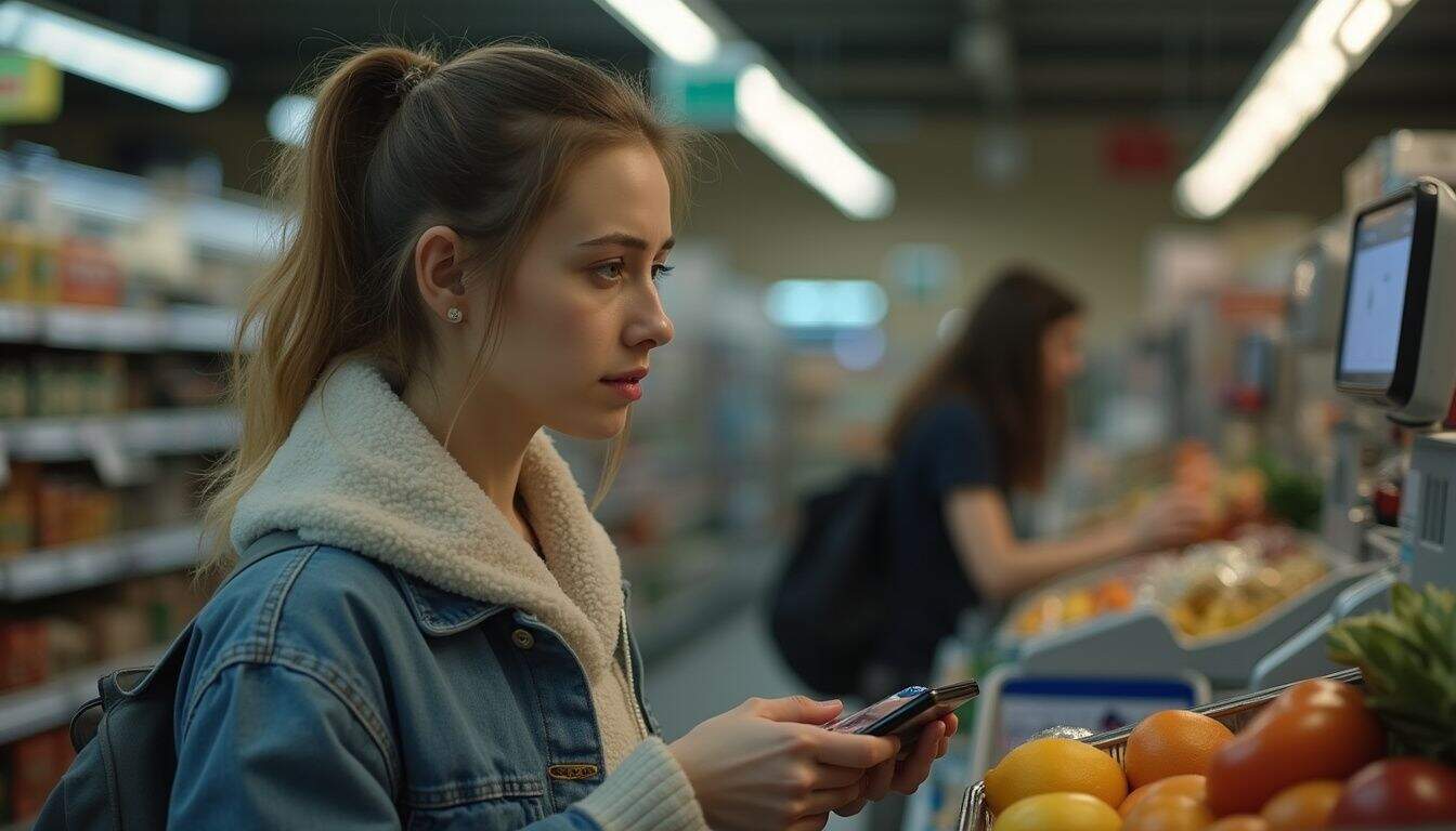 A shopper at a grocery checkout holds a debit card while waiting for approval. A shopper at a grocery checkout holds a debit card while waiting for approval.