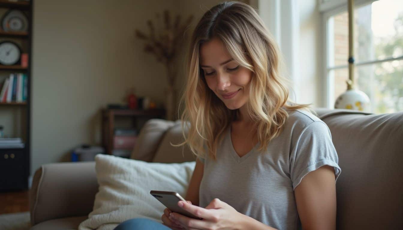 A woman checks her prepaid card balance on a couch in a small living room. A woman checks her prepaid card balance on a couch in a small living room.