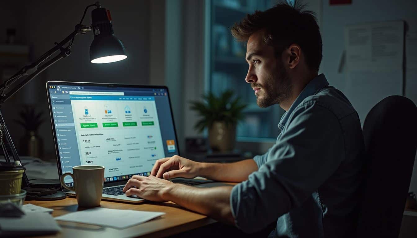 A man in his thirties sits at a cluttered desk, researching data recovery options on his laptop. A man in his thirties sits at a cluttered desk, researching data recovery options on his laptop.