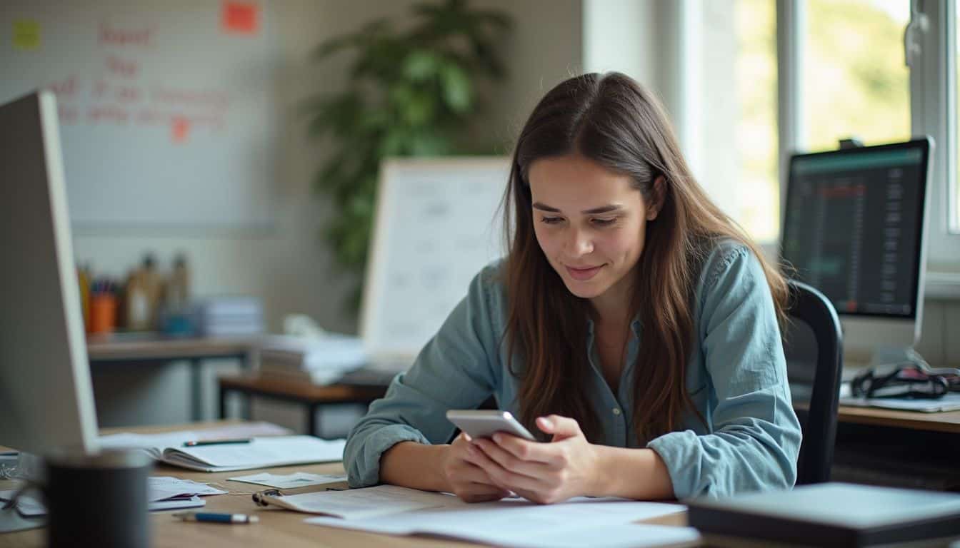 A woman in her 30s casually scrolls through a data recovery app at her cluttered office desk. A woman in her 30s casually scrolls through a data recovery app at her cluttered office desk.