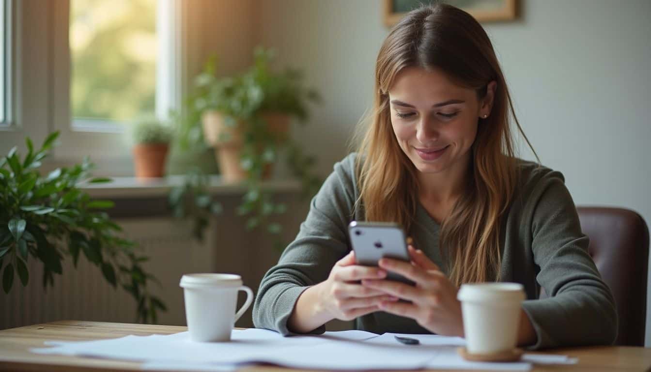A relaxed woman in her mid-30s sits in a messy room, casually scrolling through her phone. A relaxed woman in her mid-30s sits in a messy room, casually scrolling through her phone.