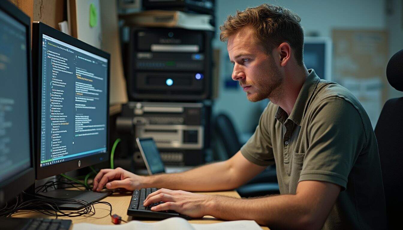 A mid-30s man, casually dressed, intensely works at a cluttered desk filled with cables and screens displaying errors. A mid-30s man, casually dressed, intensely works at a cluttered desk filled with cables and screens displaying errors.