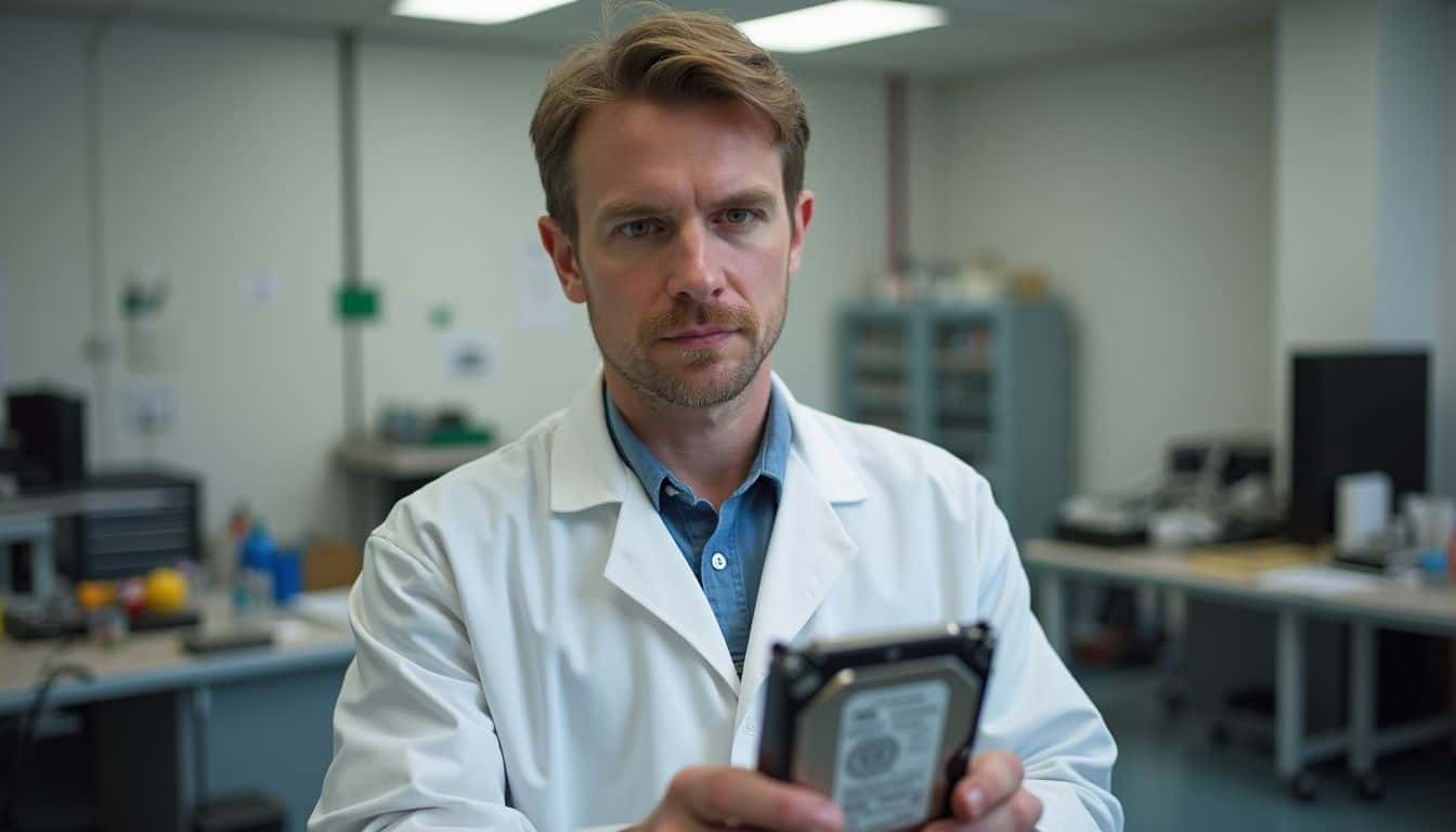 A man in a lab coat examines a worn Western Digital hard drive in a cluttered cleanroom. A man in a lab coat examines a worn Western Digital hard drive in a cluttered cleanroom.