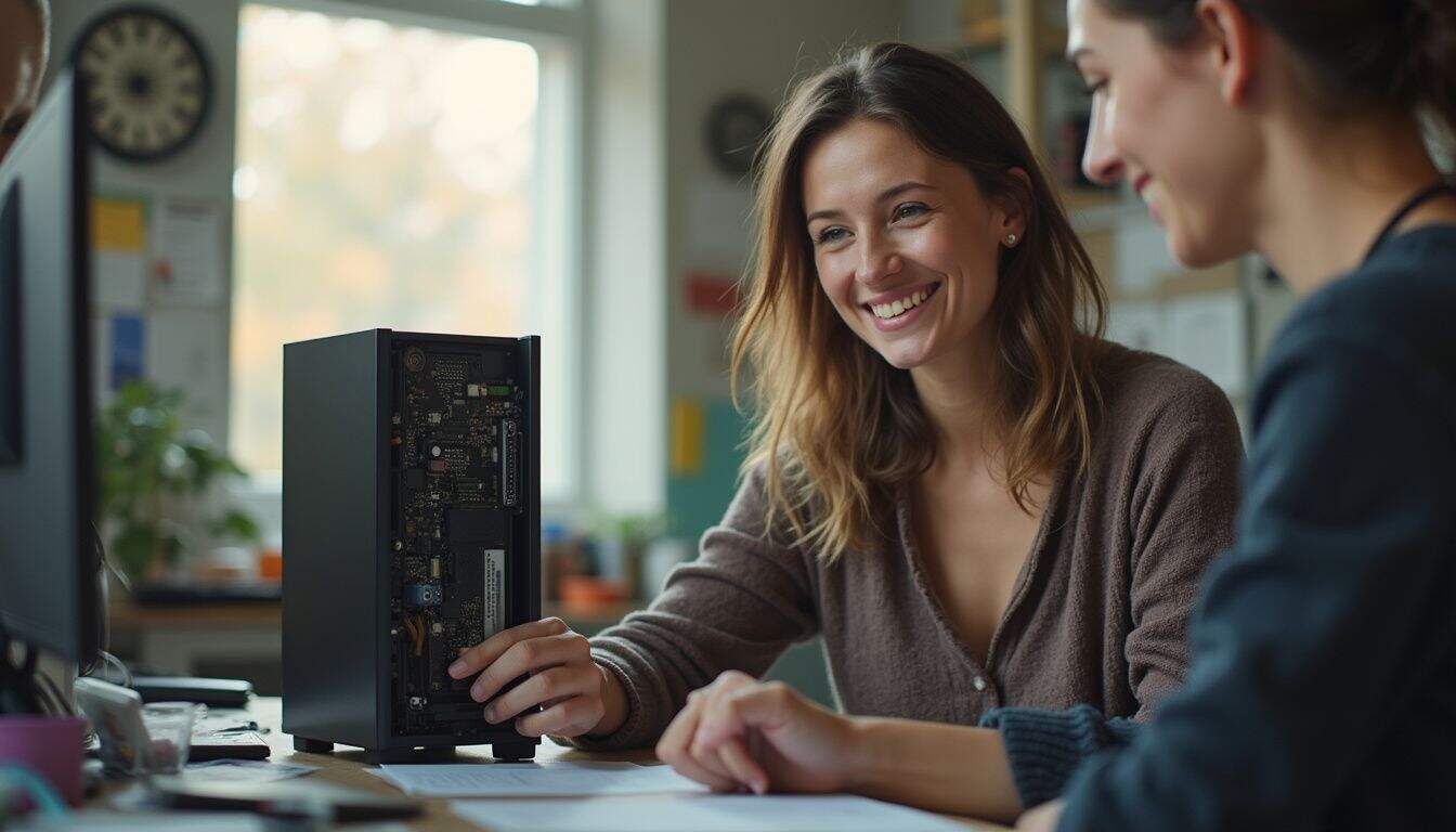 A woman smiles warmly while observing someone fix a storage device in a cozy, cluttered home office. A woman smiles warmly while observing someone fix a storage device in a cozy, cluttered home office.