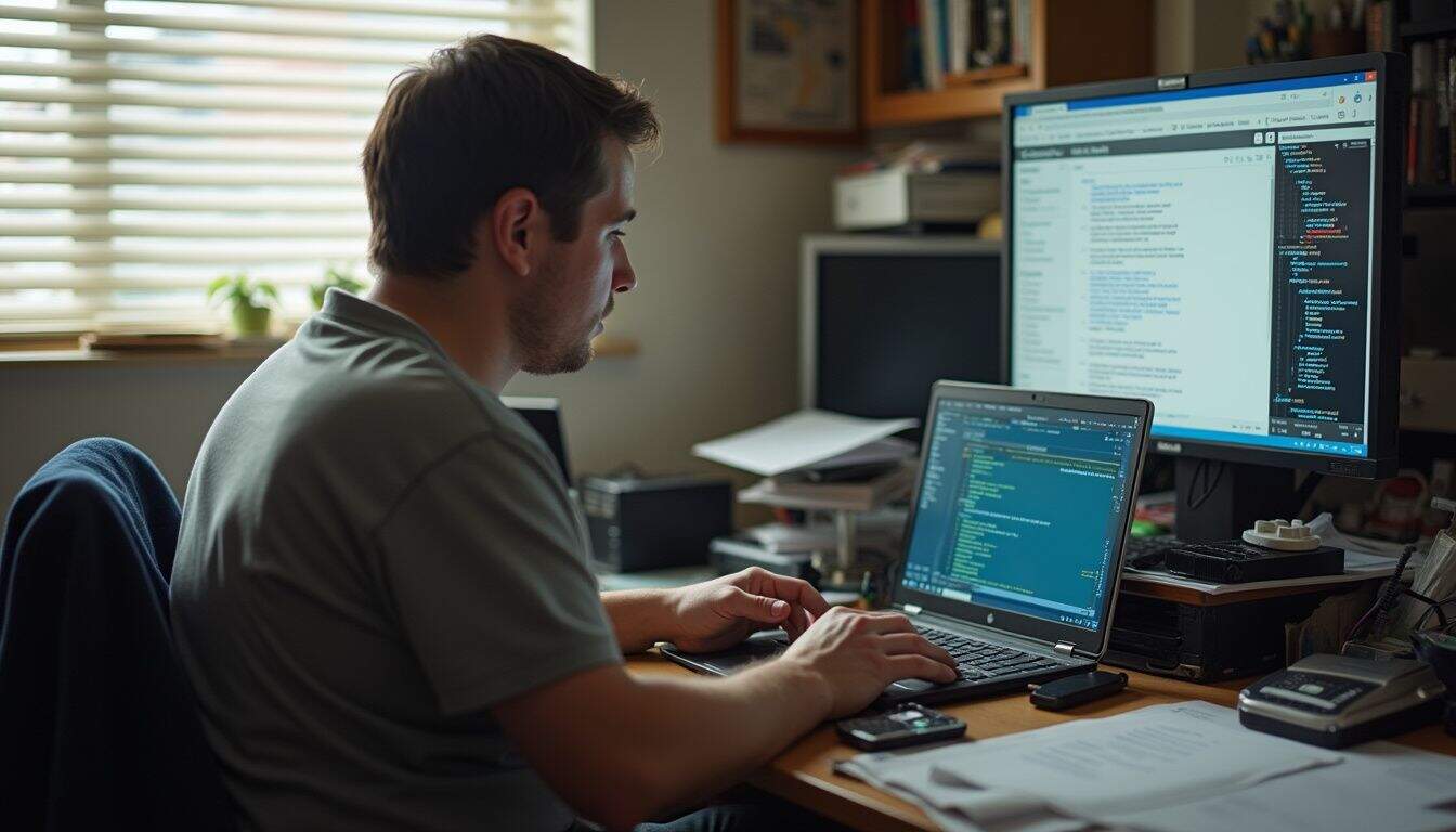 A person sits at a cluttered desk, contemplating data recovery quotes on their laptop, appearing uncertain. A person sits at a cluttered desk, contemplating data recovery quotes on their laptop, appearing uncertain.