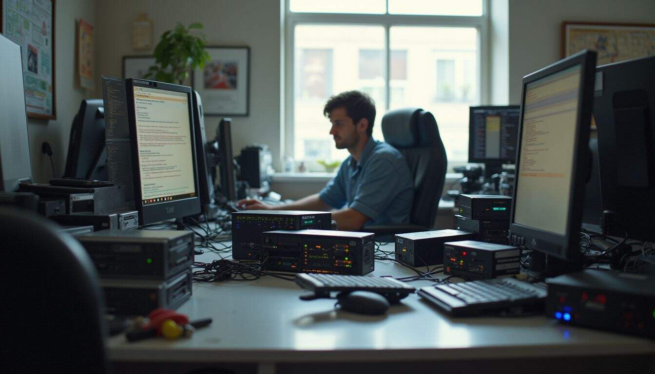 A messy office desk filled with NAS and SAN devices displays error messages, while a relaxed person is nearby. A messy office desk filled with NAS and SAN devices displays error messages, while a relaxed person is nearby.