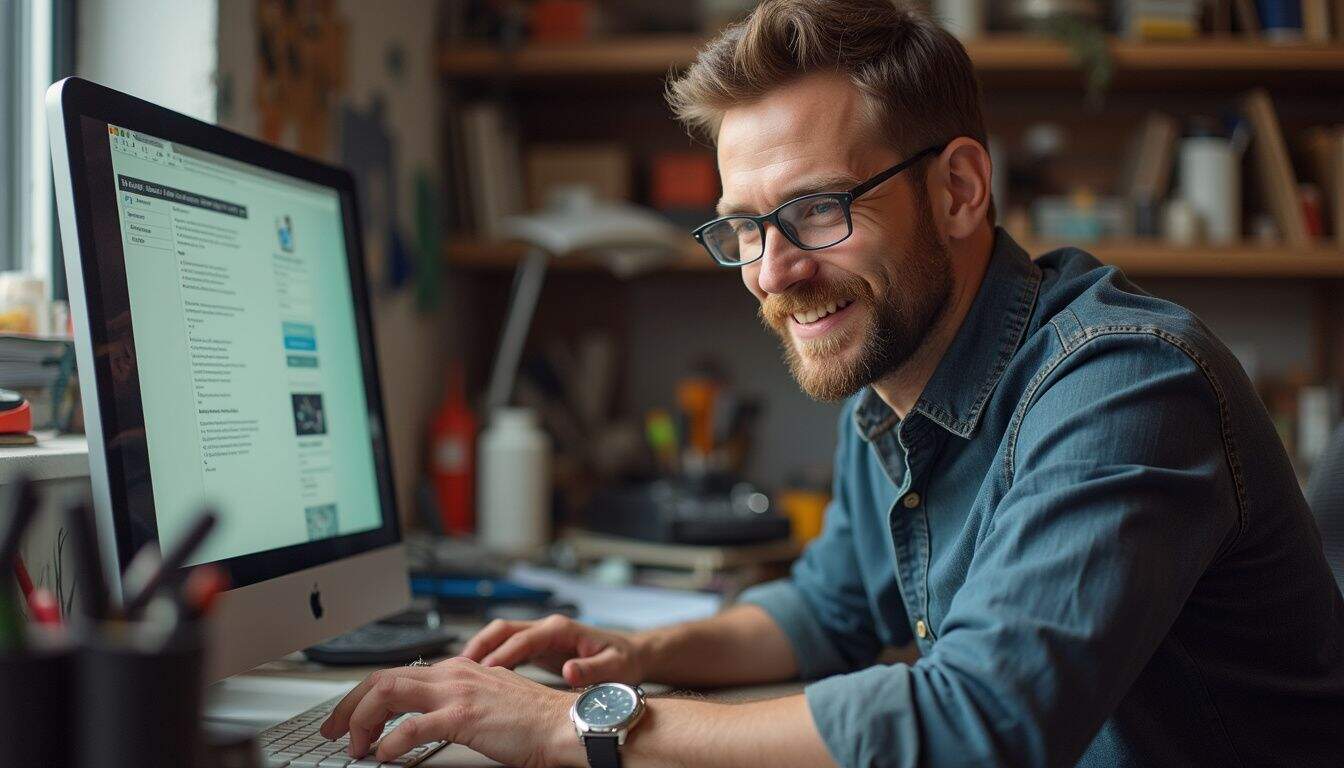 A man in his mid-30s sits at a cluttered desk, smiling as he looks at his computer screen. A man in his mid-30s sits at a cluttered desk, smiling as he looks at his computer screen.
