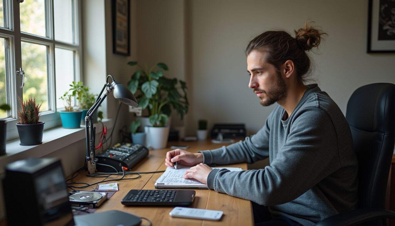 A technician casually works on data recovery amidst everyday tech gear in a lived-in workspace. A technician casually works on data recovery amidst everyday tech gear in a lived-in workspace.