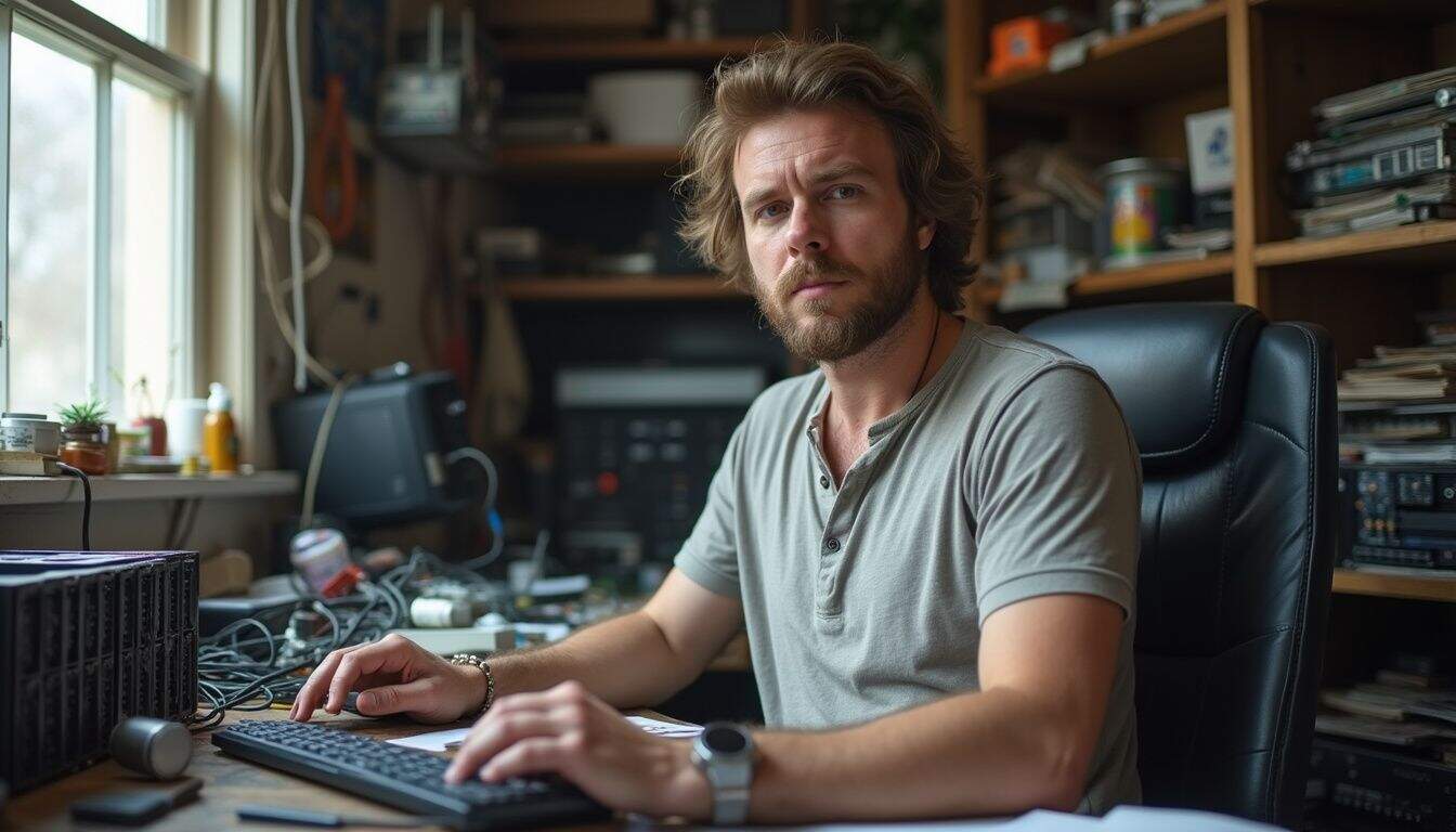 A man in his 30s works on failing RAID drives at a messy desk in a cramped tech-filled room. A man in his 30s works on failing RAID drives at a messy desk in a cramped tech-filled room.