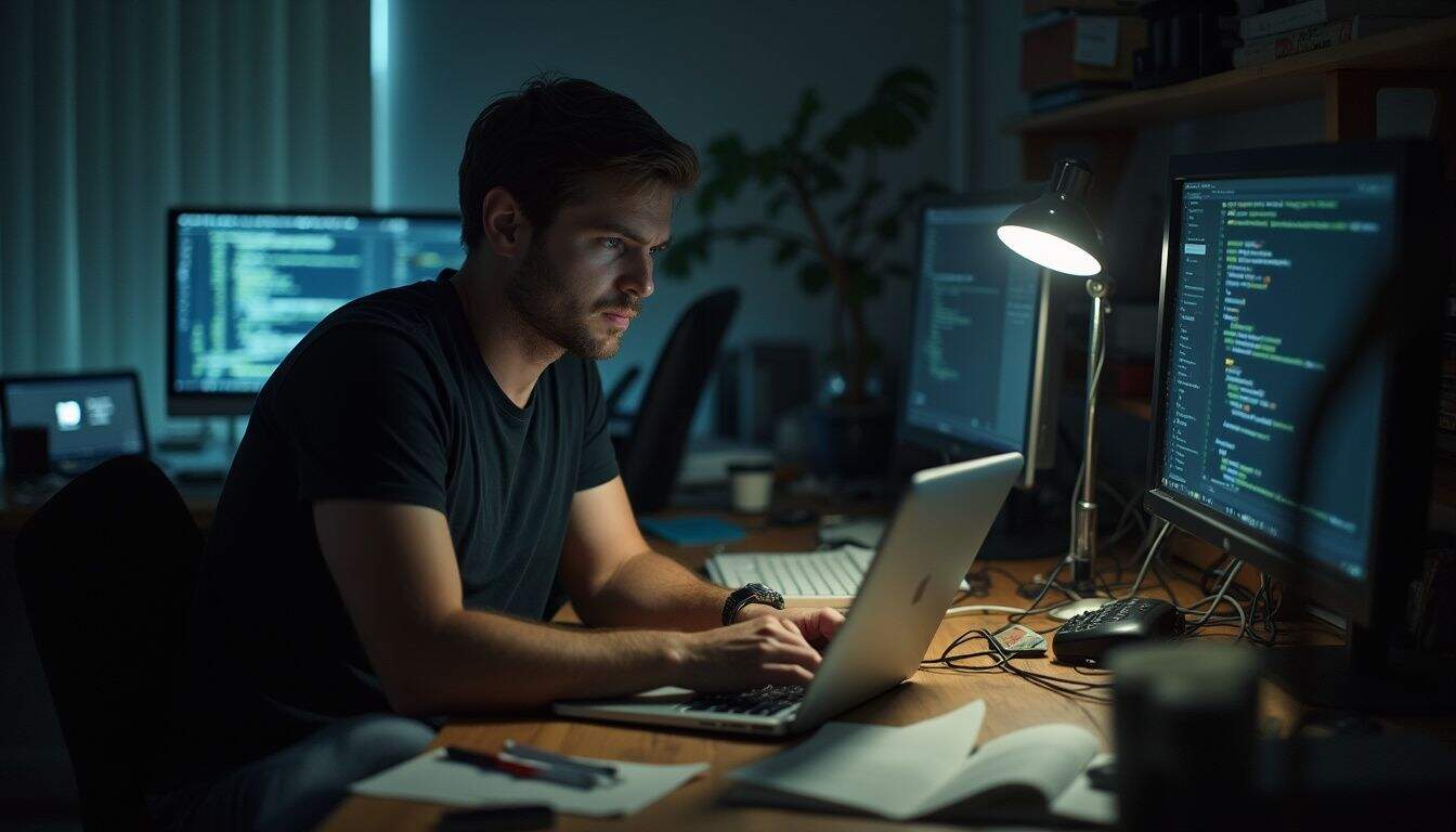 A tired man in his 30s works intently on a laptop in a cluttered, late-night office. A tired man in his 30s works intently on a laptop in a cluttered, late-night office.