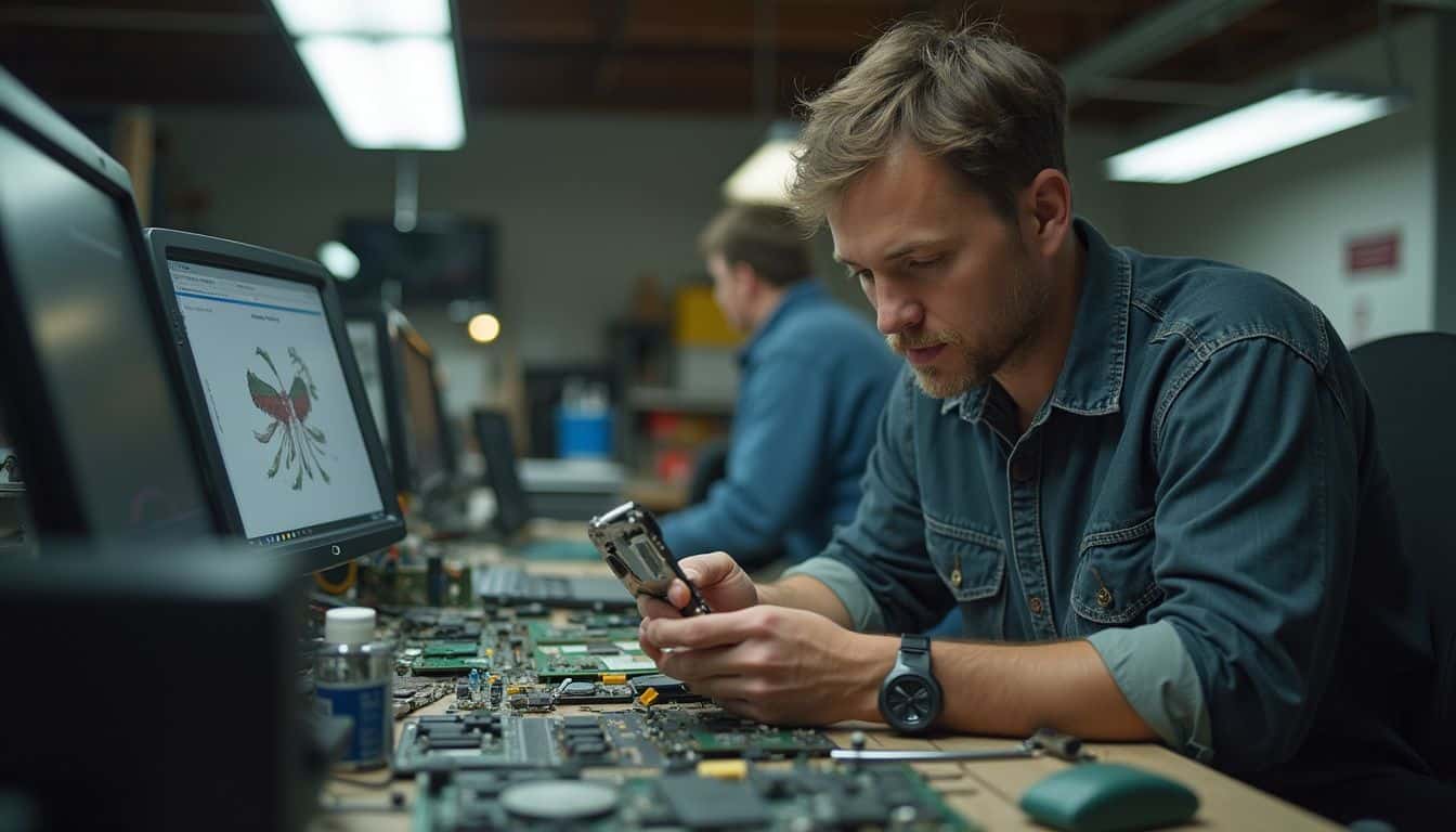 A technician examines a damaged SSD at a cluttered workspace filled with computer parts and tools. A technician examines a damaged SSD at a cluttered workspace filled with computer parts and tools.
