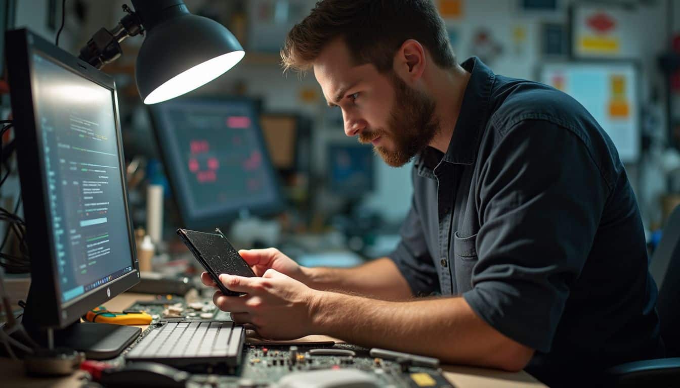 A man in his mid-30s inspects a scratched SSD in a chaotic tech workspace. A man in his mid-30s inspects a scratched SSD in a chaotic tech workspace.