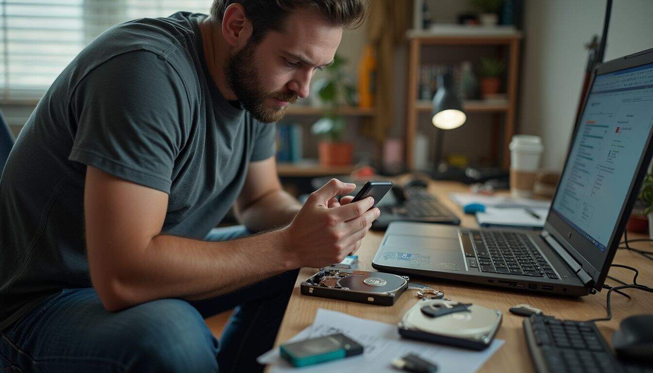 A young man in casual attire examines hard drives and USB sticks at his cluttered workspace. A young man in casual attire examines hard drives and USB sticks at his cluttered workspace.