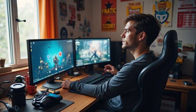 High-performance gaming setup with dual monitors, gaming controls, and immersive gaming posters on the wall, perfect for esports and online gaming enthusiasts.