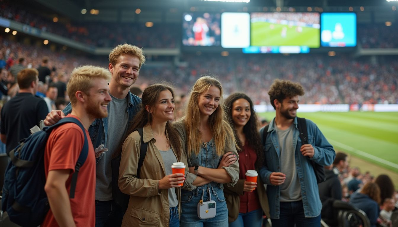 Friends celebrating after a match outside a stadium, relaxed and smiling. Cheering young adults at a sports stadium enjoying a live game with friends, capturing a lively and energetic atmosphere.