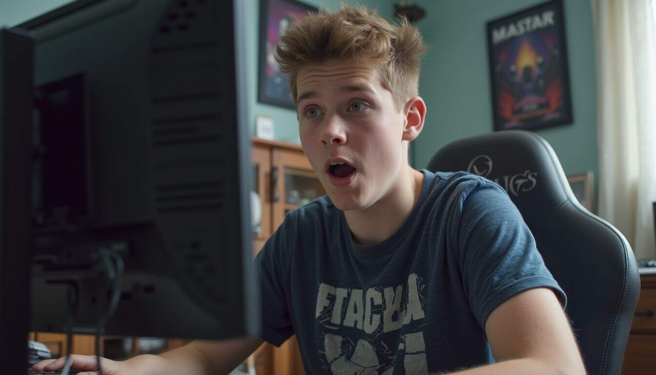 A teen looks shocked at his cluttered desk after a surprising match moment. Desk gaming setup with a young man focused on the computer screen, emphasizing esports and gaming enthusiasm, perfect for keyword optimization related to gaming technology and geek culture.