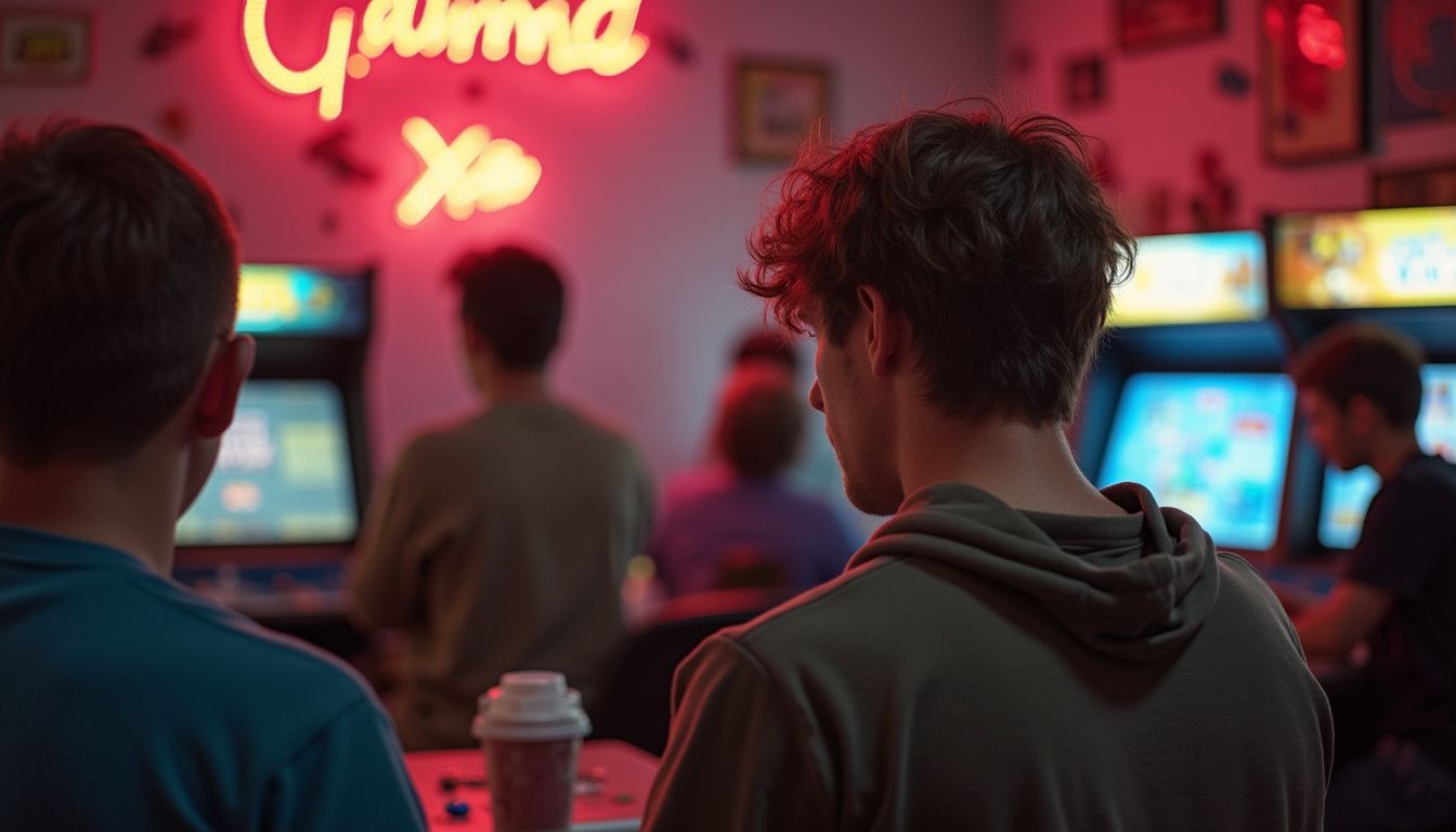 Friends gathered in a cluttered arcade room, sharing games and laughs. Friends gathered in a cluttered arcade room, sharing games and laughs.