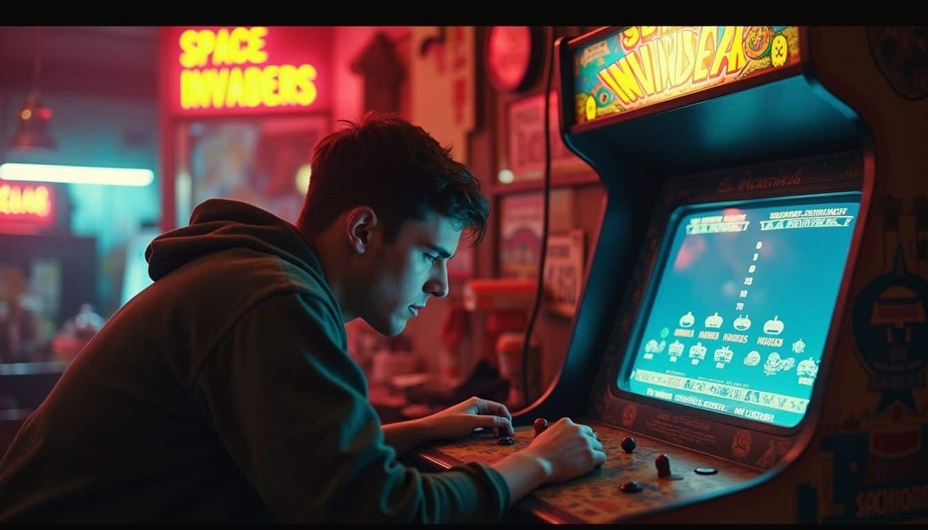 A focused player at a classic Space Invaders cabinet in a retro arcade corner. Arcade gamer playing classic Pac-Man arcade machine at night, with neon signs and colorful lighting, in a nostalgic gaming environment.