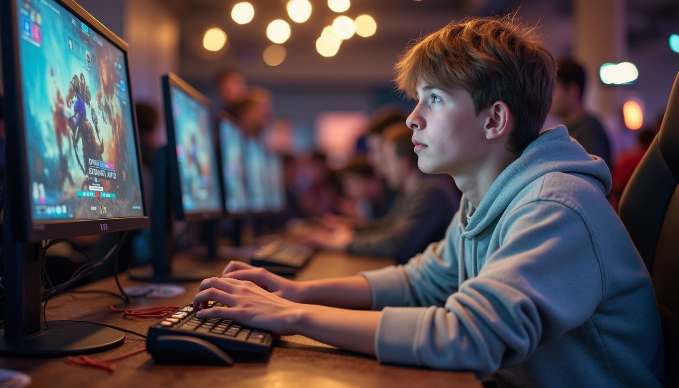 A focused player on stage with screens, snacks, and a cheering crowd nearby. Gamer boy playing video game at gaming event, focused on screen, esports tournament, gaming culture, high-performance gaming setup, geekextreme.