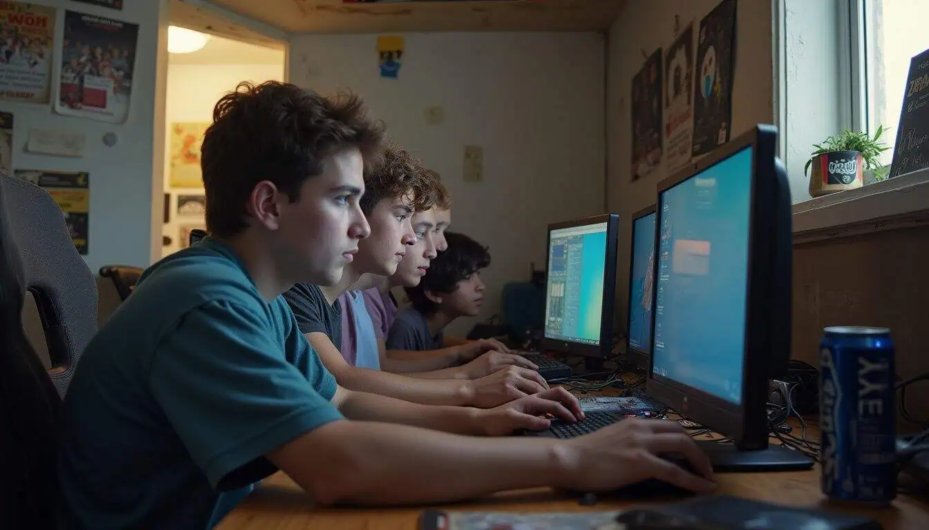 Friends playing games in a cozy room with energy drinks and gadgets all around. Filename: group-of-teens-using-computers-in-gaming-session.jpg.
