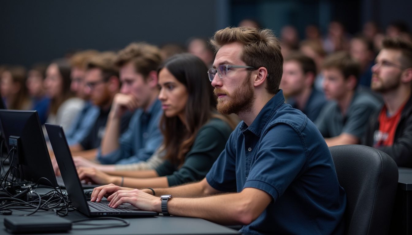 Young adults sharing PCs at a busy tournament-style LAN corner. Handsome man in glasses using a laptop at a tech conference with a large audience of young professionals in the background.