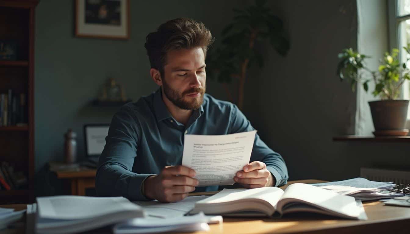 A man in his mid-30s casually reads legal documents about AI rules at a cluttered table. A man in his mid-30s casually reads legal documents about AI rules at a cluttered table.