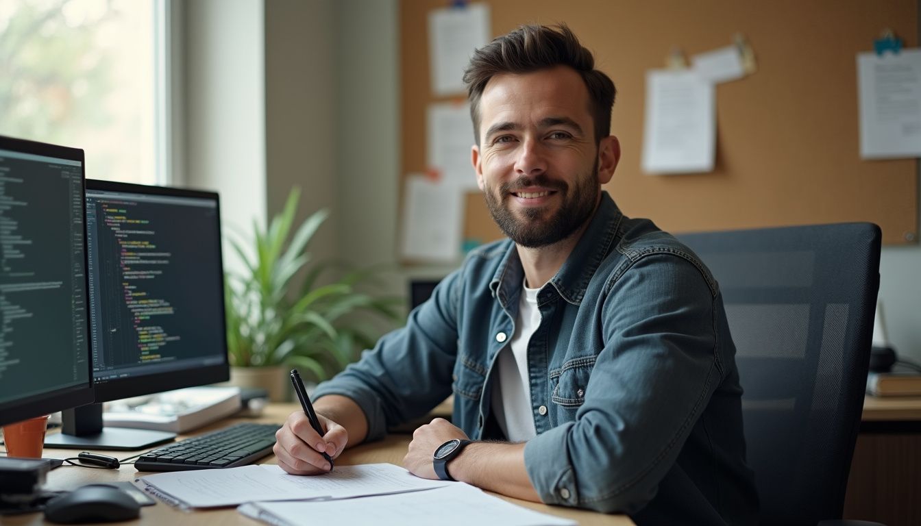 A casually dressed man sits at a cluttered desk in a small office, immersed in his work. A casually dressed man sits at a cluttered desk in a small office, immersed in his work.