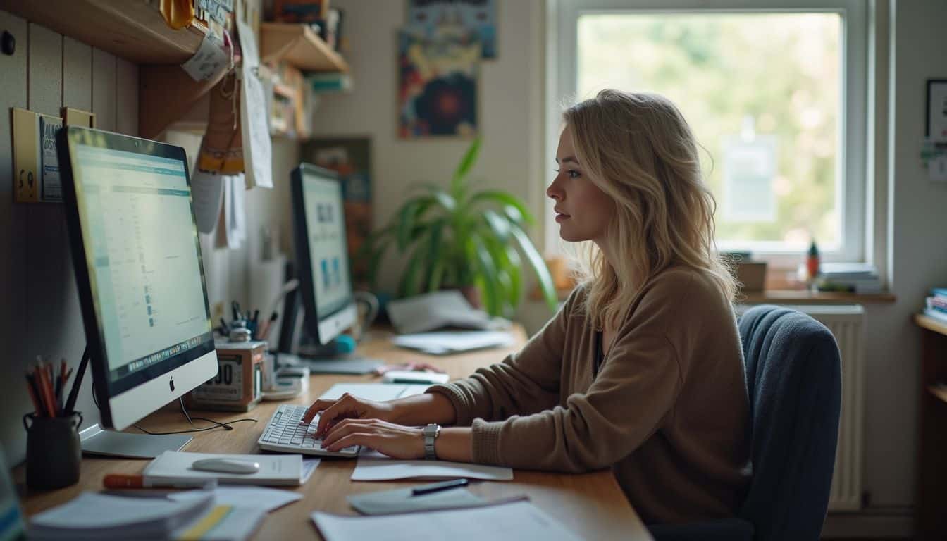 A relaxed woman in her 40s sits at a cluttered desk in a small office during a workday. A relaxed woman in her 40s sits at a cluttered desk in a small office during a workday.