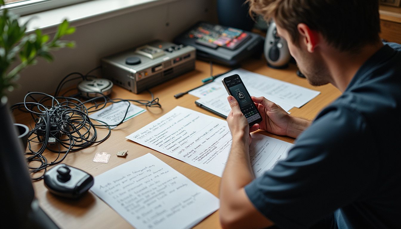 A cluttered desk with old tech, tangled wires, and scattered notes suggests a busy, creative work environment. A cluttered desk with old tech, tangled wires, and scattered notes suggests a busy, creative work environment.