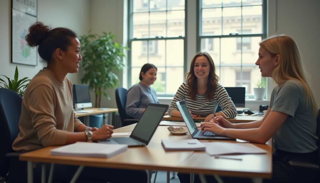 A casual office scene captures people discussing AI rules amidst a typical, cluttered work environment. A casual office scene captures people discussing AI rules amidst a typical, cluttered work environment.