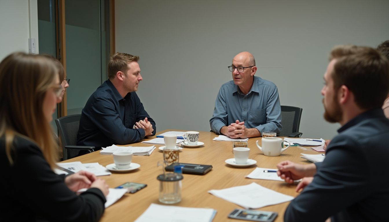 A diverse group of casually dressed people engages in a relaxed discussion about AI laws in a conference room. A diverse group of casually dressed people engages in a relaxed discussion about AI laws in a conference room.