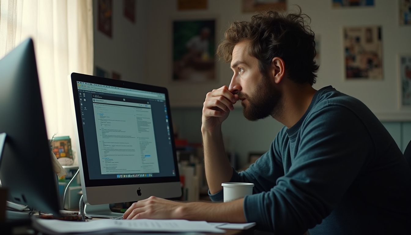 A man in his mid-30s sits at a cluttered desk, intently focused on his computer screen. A man in his mid-30s sits at a cluttered desk, intently focused on his computer screen.