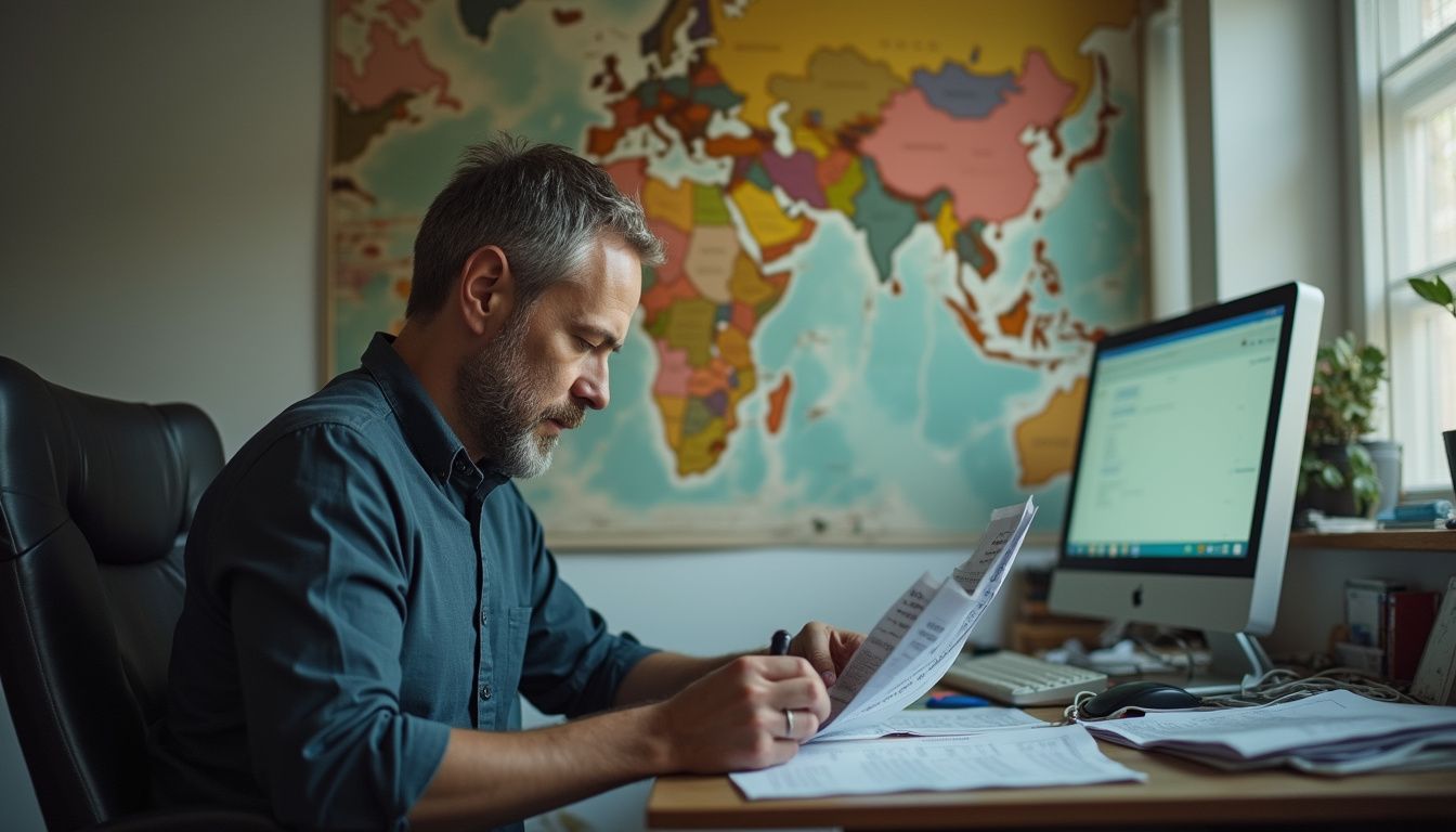 A man in his 40s reviews AI and international policy papers at a cluttered desk in a casual office. A man in his 40s reviews AI and international policy papers at a cluttered desk in a casual office.