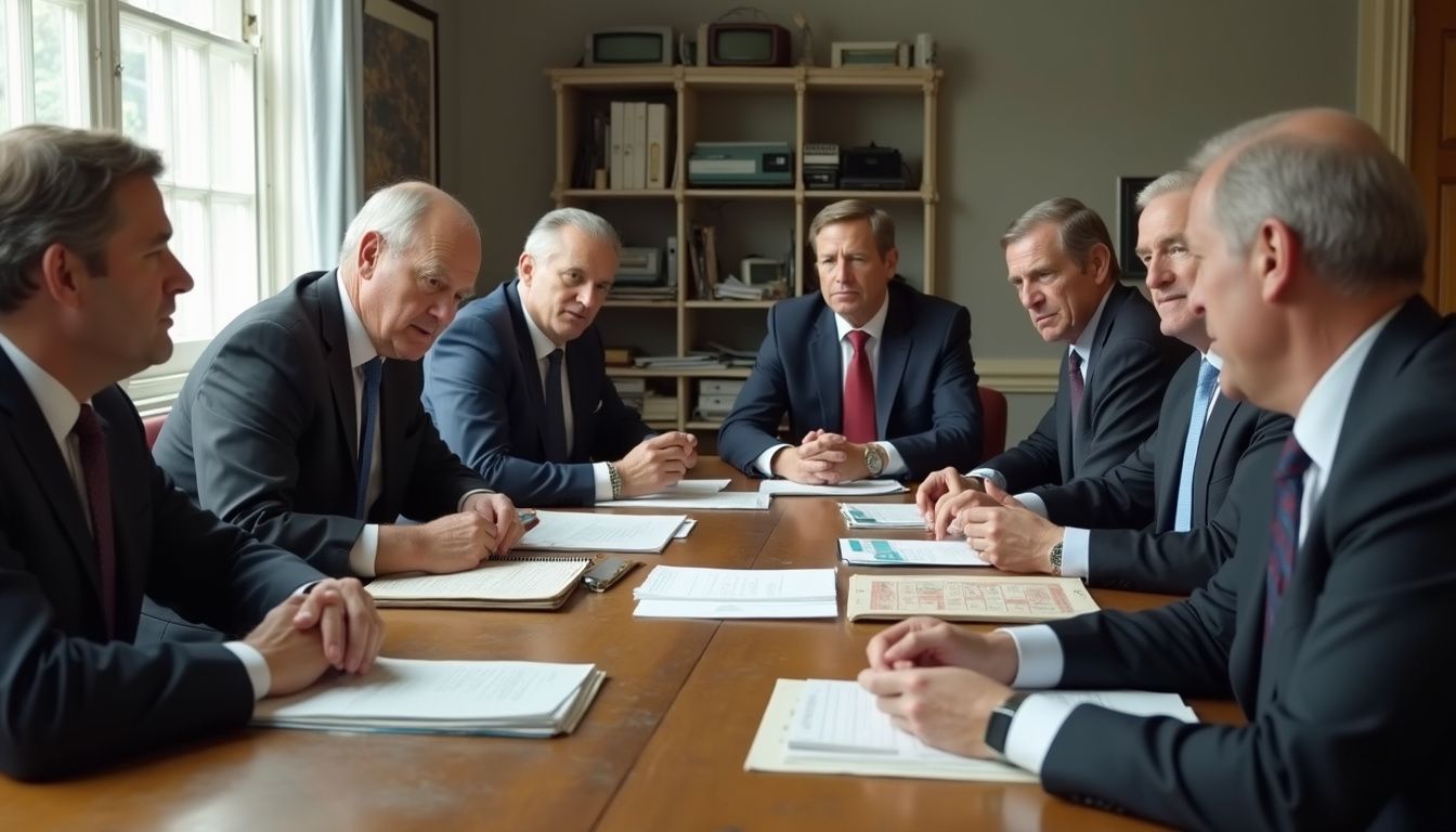 A casual meeting among world leaders around a worn conference table, engaging in conversation and reviewing papers. A casual meeting among world leaders around a worn conference table, engaging in conversation and reviewing papers.