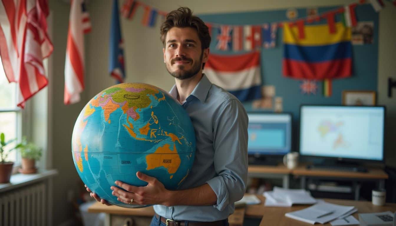 A casually dressed man holds a globe in a cluttered room adorned with national flags and scattered papers. A casually dressed man holds a globe in a cluttered room adorned with national flags and scattered papers.