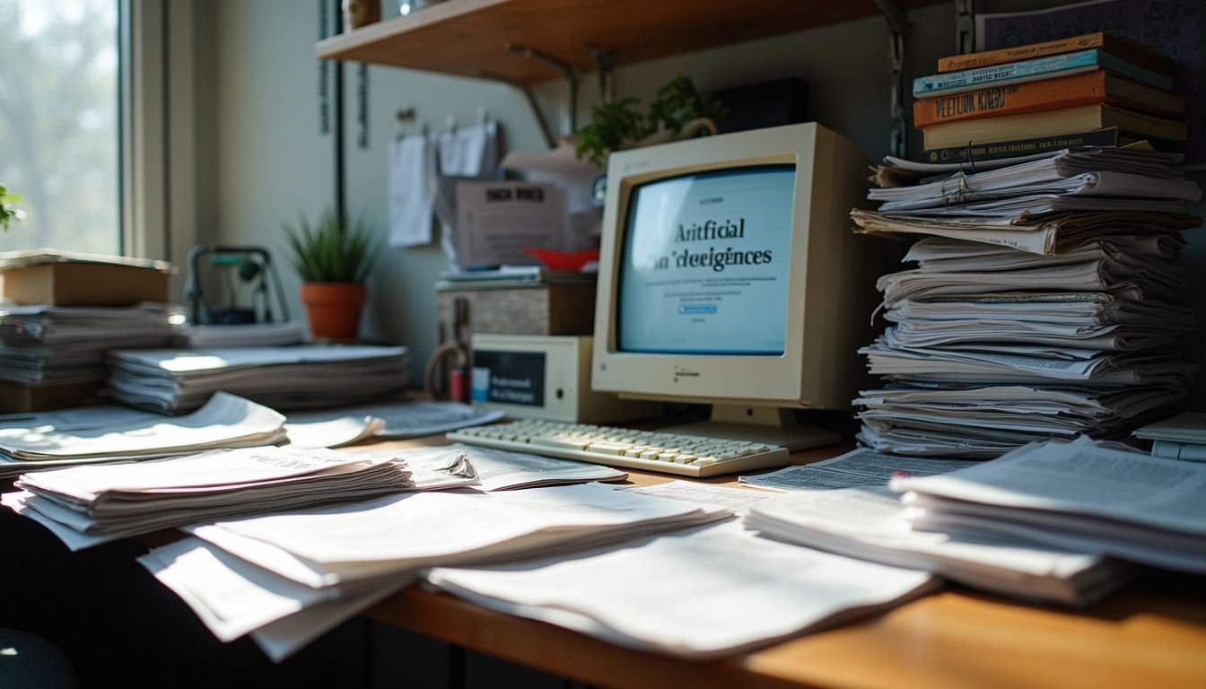 A cluttered office desk filled with papers, AI research, and an old monitor displaying 'Artificial Intelligence Regulation.' A cluttered office desk filled with papers, AI research, and an old monitor displaying 'Artificial Intelligence Regulation.'