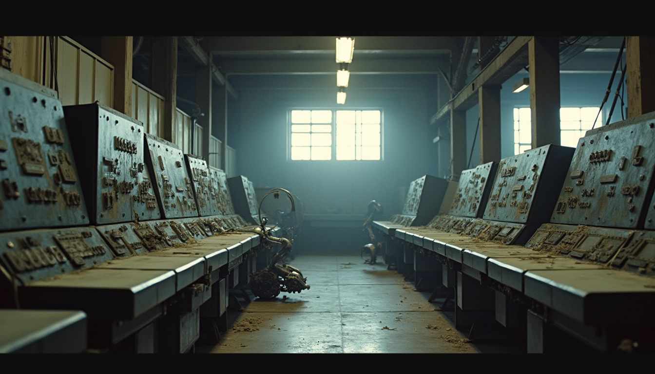 An abandoned factory room features dusty control panels and scattered robotic arms, evoking a sense of neglect. An abandoned factory room features dusty control panels and scattered robotic arms, evoking a sense of neglect.