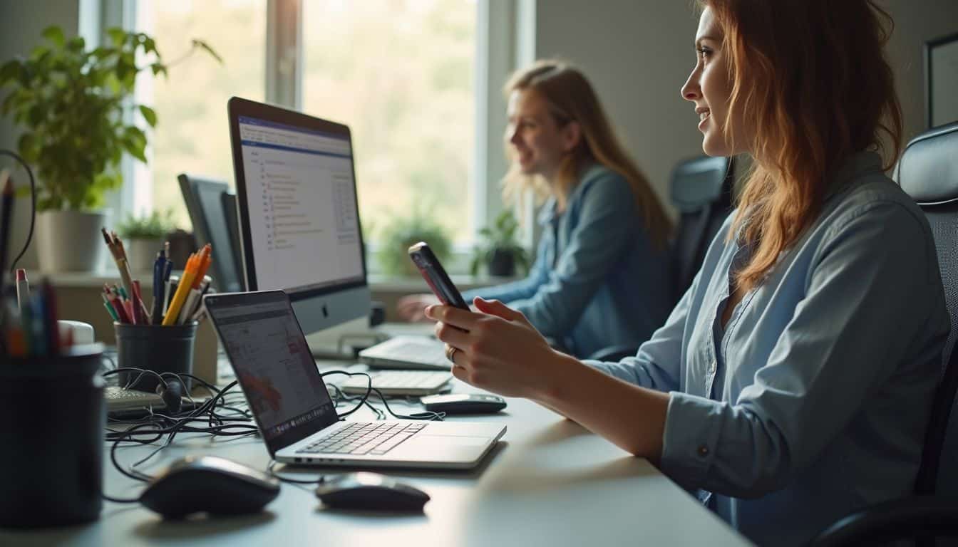 A casual office desk is cluttered with electronics while a relaxed person goes about their day. A casual office desk is cluttered with electronics while a relaxed person goes about their day.