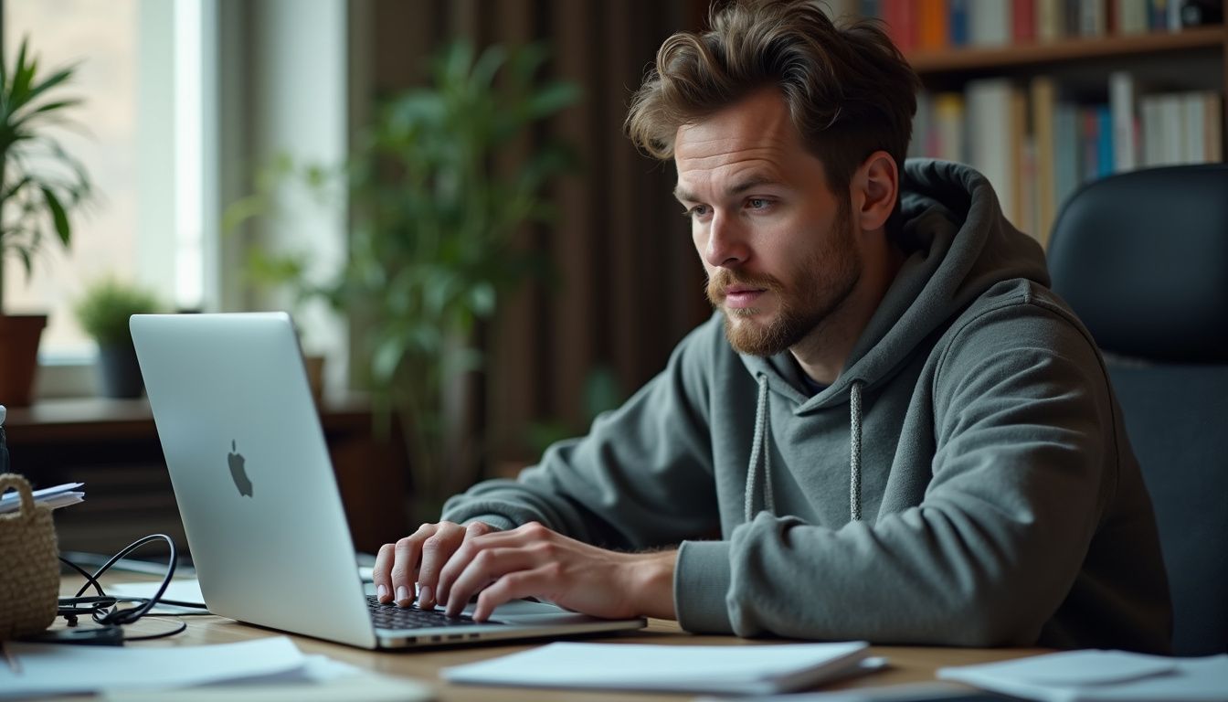 A mid-30s man in a hoodie types on his laptop at a cluttered desk, appearing focused yet slightly tired. A mid-30s man in a hoodie types on his laptop at a cluttered desk, appearing focused yet slightly tired.