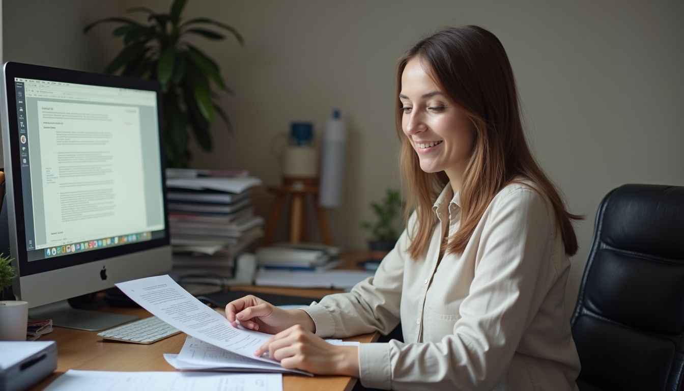 A woman in her 30s sits at a cluttered desk, focused on flipping through papers about AI laws. A woman in her 30s sits at a cluttered desk, focused on flipping through papers about AI laws.