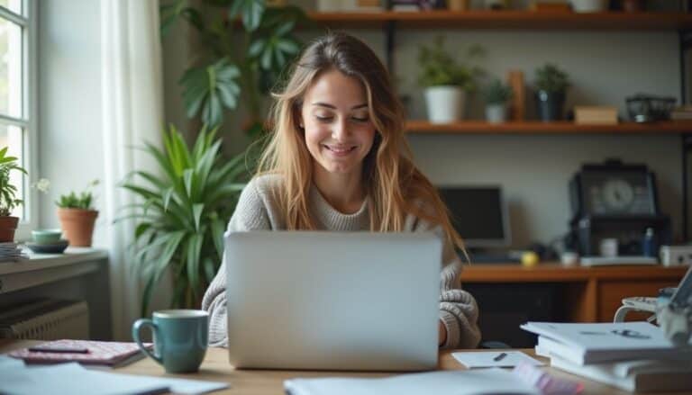 Young woman working on a laptop at home with plants and office supplies in the background.