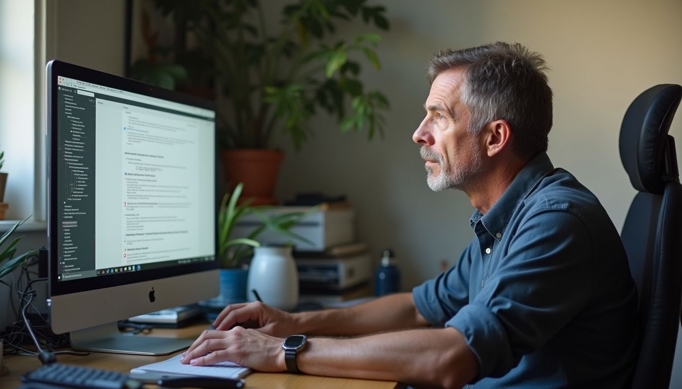 An adult man looks at an error message on his computer at a cluttered home office desk. High-resolution image of a mature man working on a desktop computer, focused on the screen with emails or documents, seated in a home office with plants and office supplies, emphasizing productivity and technology.